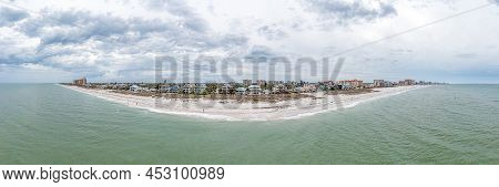 Drone Panorama Over Clearwater Beach In Florida At Daytime With Cloudy Skies