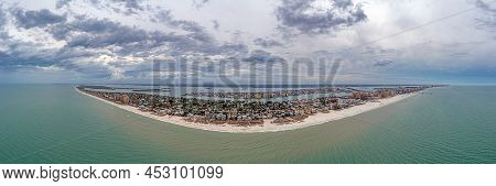 Drone Panorama Over Clearwater Beach In Florida At Daytime With Cloudy Skies