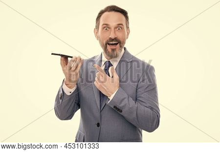 Amazed Grizzled Executive In Suit Send Voice Message On Mobile Phone Isolated On White, Voice Mail
