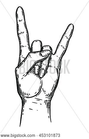 Handdrawn Vector Illustration Of Human Palm In Rock And Roll Gesture,  Black Isolated Over White. De