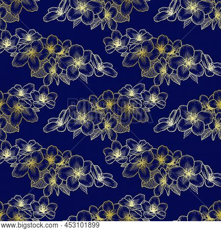Beautiful Golden Seamless Floral Pattern With Apple Flowers Over Dark Blue. Nature Botanical Gold Ve