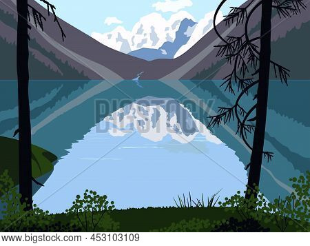 High Mountains Lake Wild Nature Landscape. Mountain Ice Peaks Reflection In Water Scenic View. Apls 
