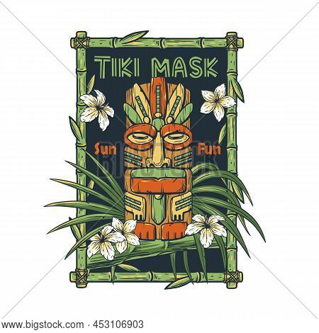 Tiki Mask With Tropical Frame And Leaves. Exotic Background For Summer Hawaii Surfing Or Beach Tiki 