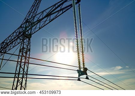 High Voltage Tower With Electric Power Lines Divided By Safe Guard Bushing Transfening Safely Electr