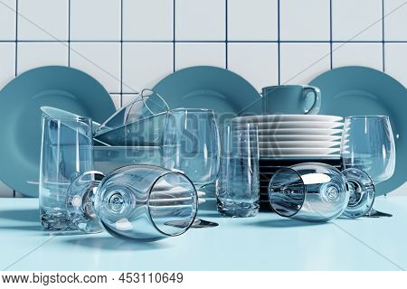 Realistic 3d Illustration Of An Empty Set Of Dishes. Clean Dishes, Folded Kitchen Utensils, Plates, 