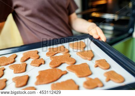 Homemade Cookies Of Various Shapes On A Heat-resistant Silicone Mat On A Baking Sheet Are Going To B
