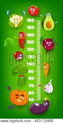 Kids Height Chart Cartoon Vegetable Athletes Growth Meter. Vector Stadiometer Ruler With Funny Veggi