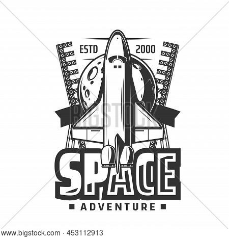 Space Shuttle Icon, Rocket On Start And Moon With Craters Vector Emblem. Spaceship Leave Earth To Ex