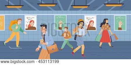 People At Subway, Underground Crossing Or Metro Station. Passerby Characters Men, Women And Kids Wal