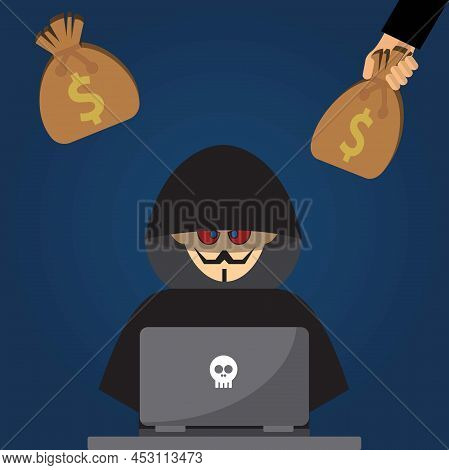 Hacker Dressed In Black In Front Of A Laptop And A Hand Offering A Sack With Dollar Symbol On It