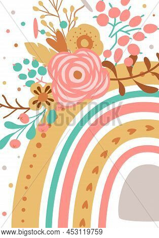 Floral Rainbow Poster. Baby Pink Rainbow Background. Children Birthday Party Banner. Vector Pink Nat