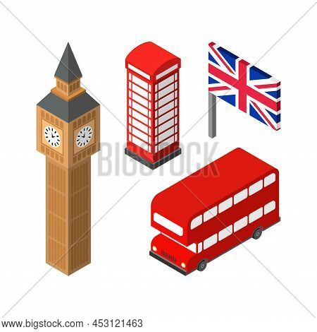Landmark Of London Set Icon. Red Doubledecker And Phone Booth. Uk Flag And Big Ben Elizabeth Tower