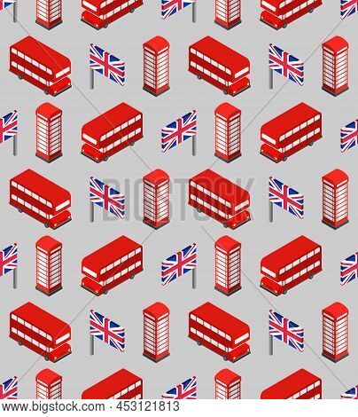 London Pattern Seamless. United Kingdom Background. Landmark Of London Set Icon. Red Doubledecker An