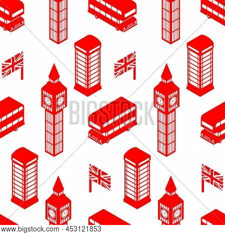 London Pattern Seamless. United Kingdom Background. Landmark Of London Set Icon. Red Doubledecker An