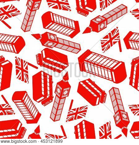 London Pattern Seamless. United Kingdom Background. Landmark Of London Set Icon. Red Doubledecker An