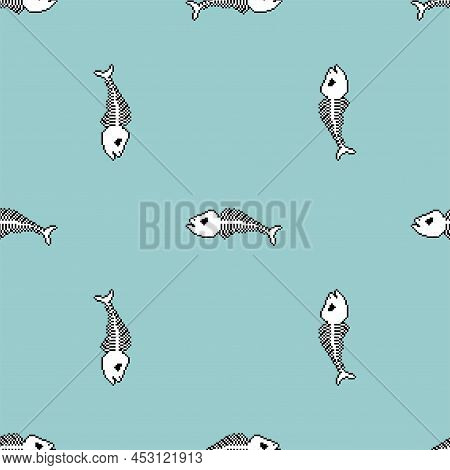 Fish Skeleton Pixel Art Pattern Seamless. 8 Bit Fish Skull Background. Pixelated Vector Texture