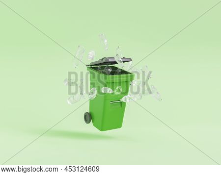 3d Illustration Of Recycling Bin With Bunch Of Plastic Bottles Levitating Against Green Background