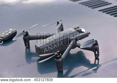 10 April 2022 - Krakow, Poland: Modern Drone Parrot Anafi Thermal Flying