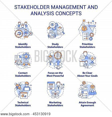 Stakeholder Management And Analysis Concept Icons Set. Identify Interests Idea Thin Line Color Illus