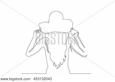 Woman In Sunhat On A Beach Illustration Continuous Line Drawing.