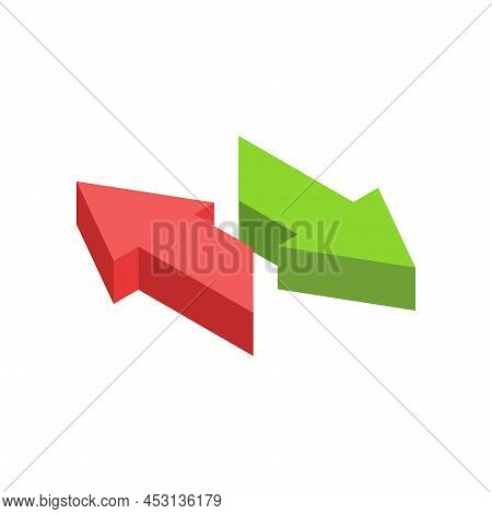 Two Minimalist Red And Green Arrows Pointing Different Direction Isometric Vector Illustration. Dyna