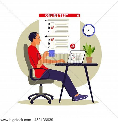 Concept Online Testing, E-learning, Examination On Computer. Vector Illustration. Flat