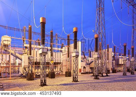 A Group Of Power Transformer In High Voltage Electrical Outdoor Substation