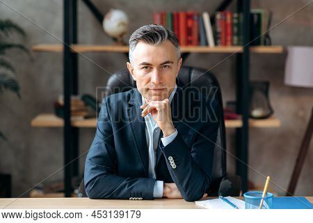 Portrait Of A Caucasian Influential Successful Gray-haired Ceo, Lawyer Or Business Leader, Focused L