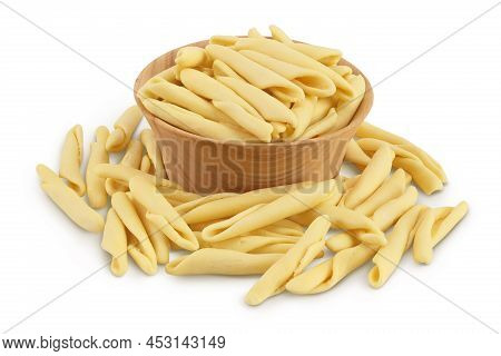 Typical Calabrian Pasta Called Maccheroncini Or Maccheroni In Wooden Bowl Isolated On White Backgrou