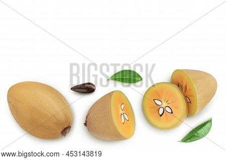 Sapodilla Isolated On White Background With Clipping Path And Full Depth Of Field. Top View. Flat La