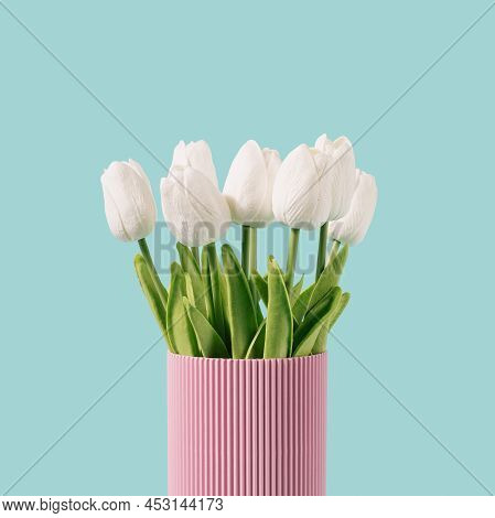 White Tulip Flowers In A Corugated Pink Vase And Pastel Mint Background. Springtime, Sumer Retro Con
