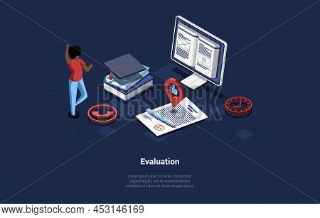 Concept Of Evaluation, And Graduation. Character Has Evaluation For His Diploma Work. Big Monitor Wi