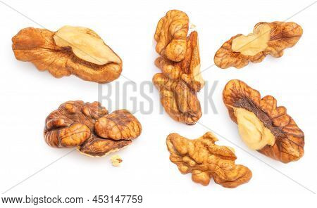 Walnut Isolated. Walnut Kernel Nut  On White Background. Top View. Flat Lay