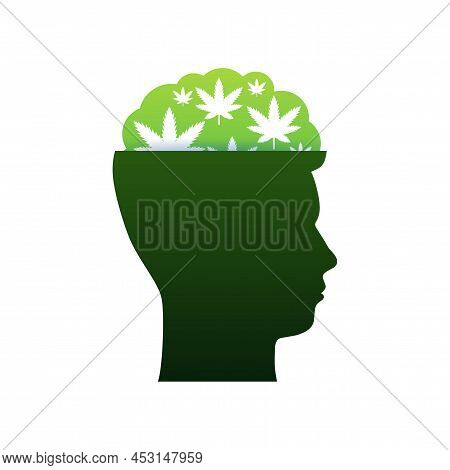 Cartoon Green Human Brain Cannabis. Brain With Marijuana Leaves. Medical Treatment. Vector Stock Ill