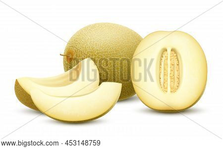 Set Of Fresh Whole, Half, Cut Slice Melon Fruit Isolated On White Background. Honeydew Melon. Summer
