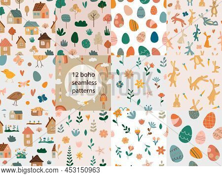 Seamless Patterns Collection With Boho Houses And Flowers. Easter Bunnies And Eggs. Bohemian Style F
