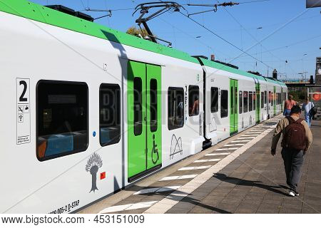 Gladbeck, Germany - September 20, 2020: Passengers Arrive On Abellio Train At Railway Station Gladbe