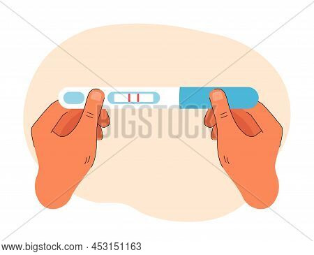 Hands Holding Pregnancy Test Showing Two Lines. Future Parent With Positive Pregnancy Test Flat Vect