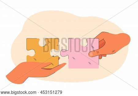 Hands Holding And Connecting Two Puzzle Pieces Together. People Finding Solution To Problem Flat Vec