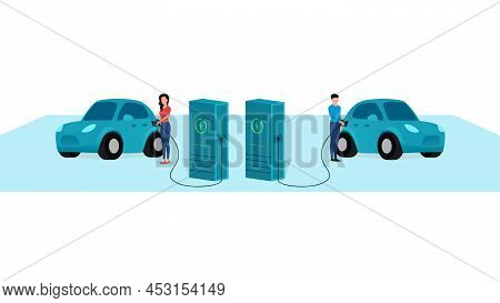 Man, Woman, Electric, Vehicle, Charging, Station, Vector, Illustration, 3d, Alternative, Auto, Autom