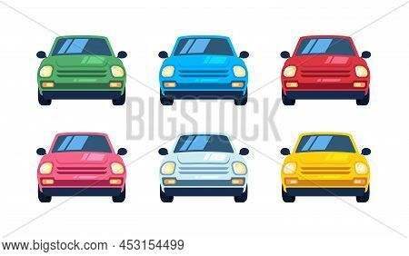 Set Of Cartoon Small Cars, Front View. Urban Vehicles Of Different Colors, Car Design Illustration S