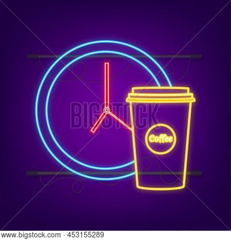 Coffee Cup Time Clock Neon Icon. Coffee With The Watch. Vector Stock Illustration.
