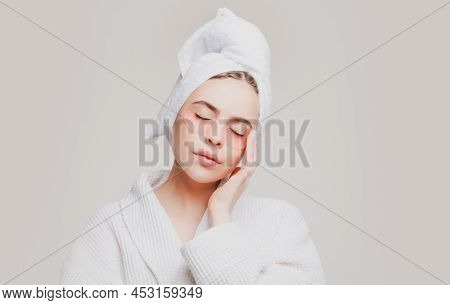 Woman Applying Eye Patches. Close Up Portrait Girl With Towel On Head. Sensual Girl Reduce Eye Bag. 