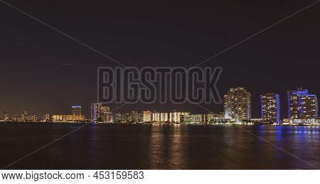 Miami Night City. Usa Downtown Skyscrappers Landscape, Twighlight Town.