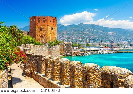 Panoramic View Of The Harbor Of Alanya On A Beautiful Summer Day. Alanya, Turkey