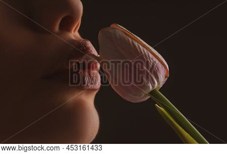 Female Lips And Spring Flower. Sexy Woman Mouth And Flowers. Oral Sex, Orgasm, Blowjob, Licking Flow