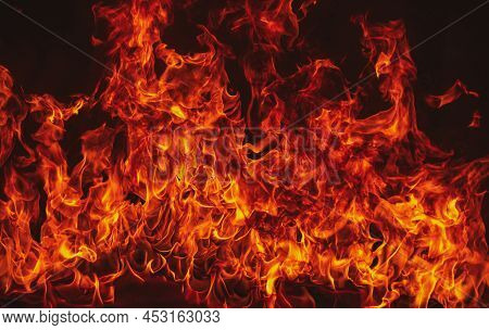 Fire Blaze Flames On Black Background. Fire Burn Flame Isolated, Abstract Texture. Flaming Explosion