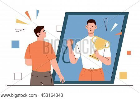 Dreaming Near Mirror Concept. Young Man With Normal Lifestyle Looks At Reflection And Imagines Himse