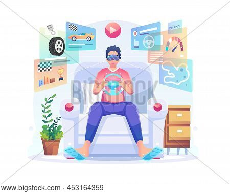 Vr Sports Concept Illustration With A Man Wearing A Vr Headset Holding A Virtual Steering Wheel Sitt