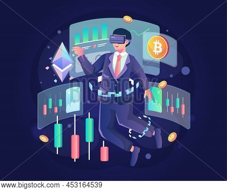 A Businessman Wearing Vr Headsets Analyzes Digital Trading Charts And Stock Trading On The Virtual D